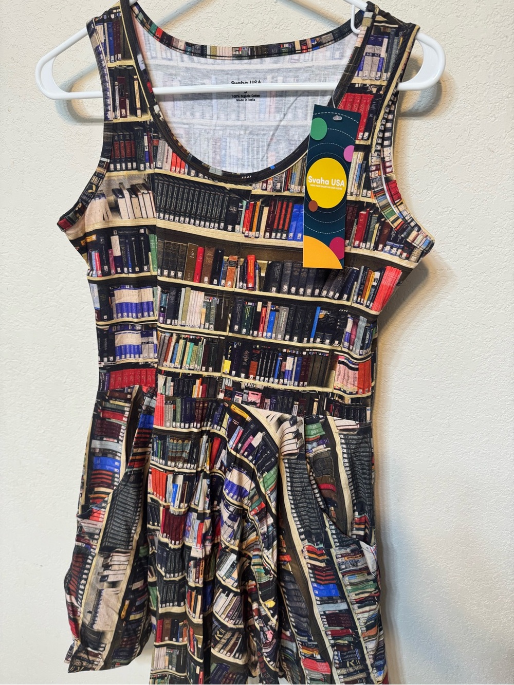 Svaha Women’s Sleeveless Skater Dress “Library Shelves” size Small